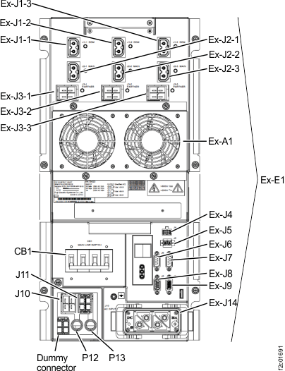 Location codes for the DC-UPS (Models 961, 96E) (rear)