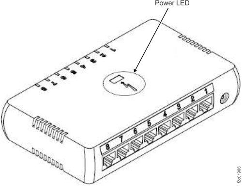 8-port Ethernet switch, version 1 (power LED at center of switch)